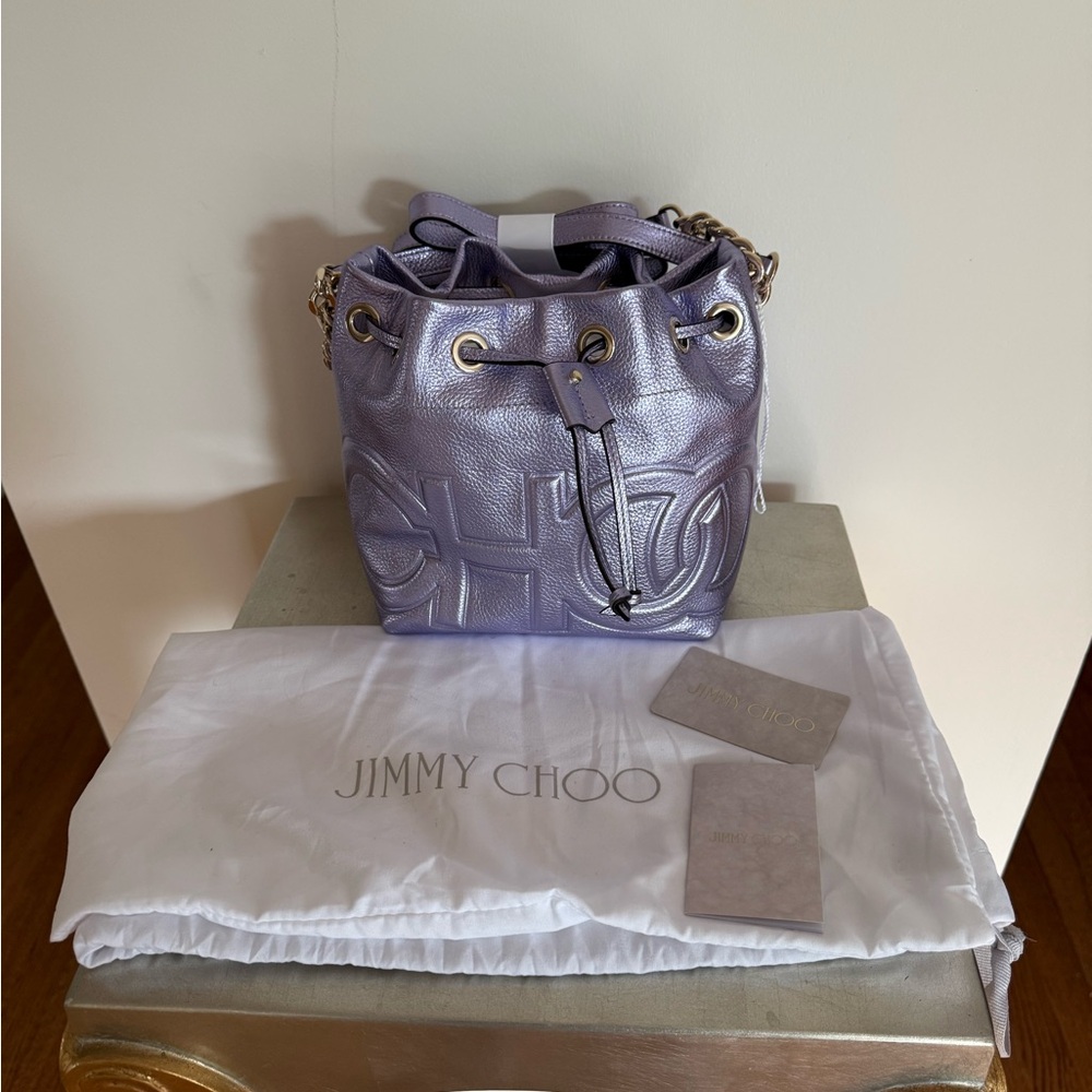 Jimmy Choo purple metallic bag new with tags logo drawstring